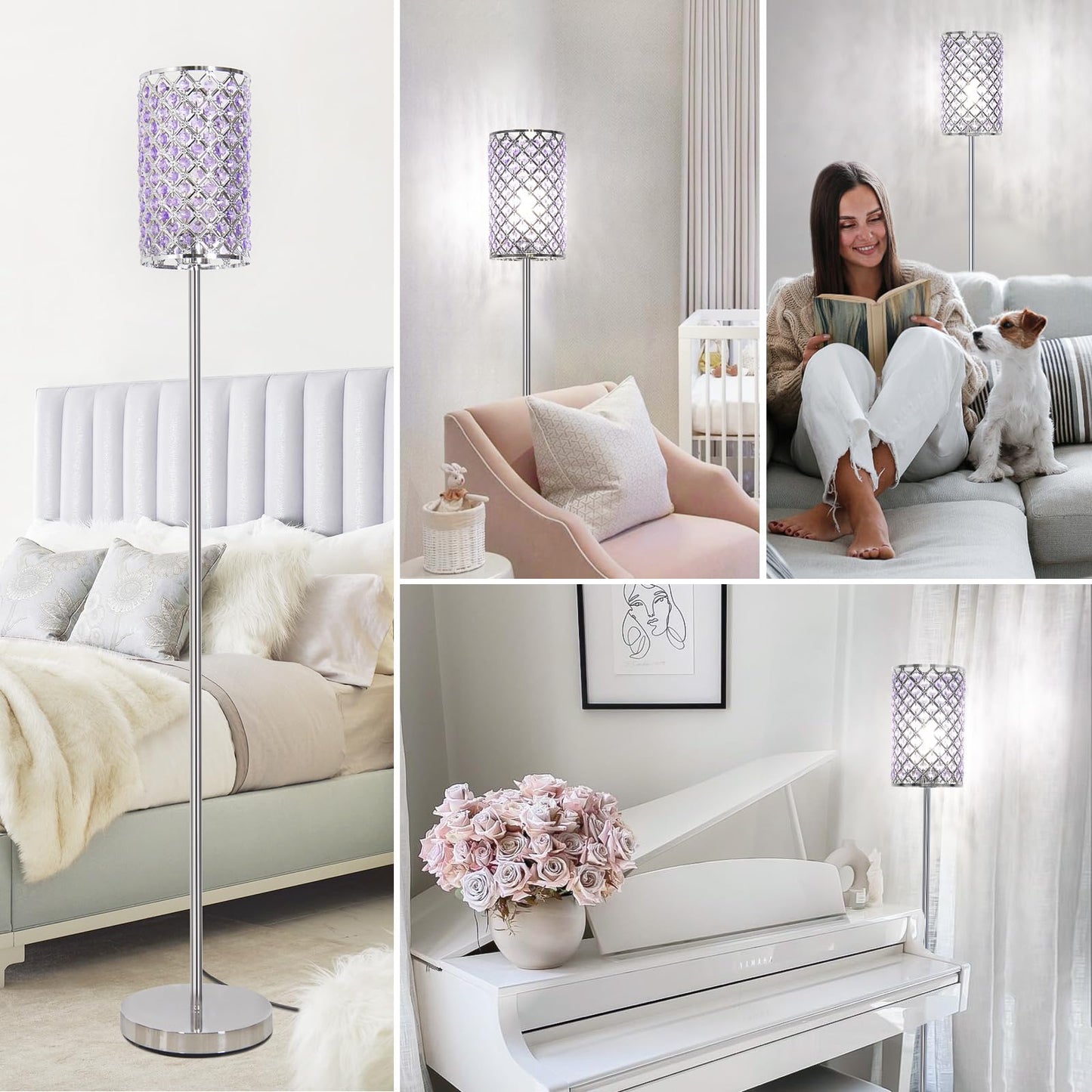 Floor Lamp for Bedroom, Lavender Crystal Floor Lamp with Glam Shade, Elegant Standing Lamp with On/Off Foot Switch & Silver Base, Corner Pole Lamp for Girls Bedroom, Living Room, Office (E26 Base)