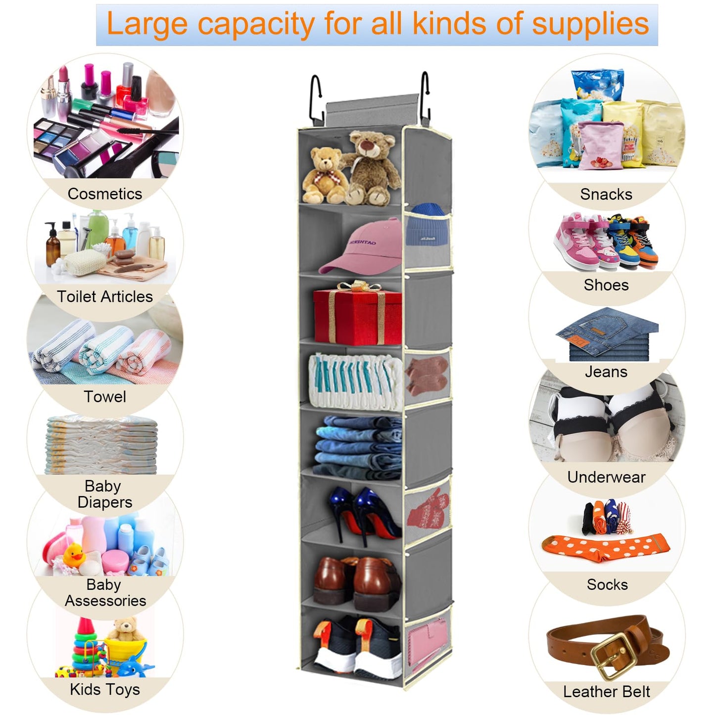 roomtalk Large-Sized Hanging Shoe Organizer 8-Shelf, Hanging Closet Organizer with 8 Side Pockets, Wider Hanging Shelves for Storage Shoes Clothes 9" W × 11.8" D× 48" H, Grey