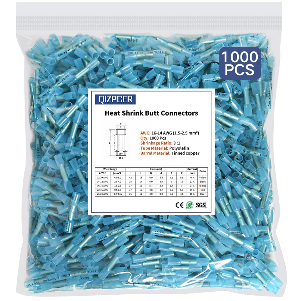 1000 Pcs Heat Shrink Butt Connectors, 16-14 AWG Waterproof Electrical Crimp Wire Splice for Marine, Cable, Wiring