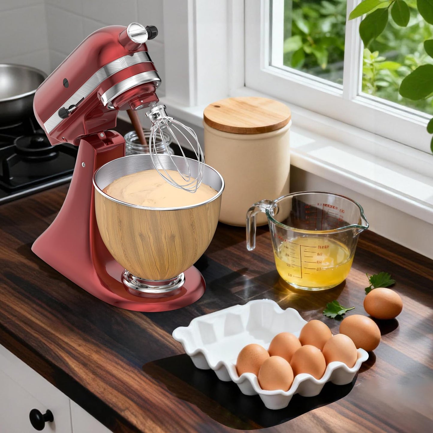 5QT Stainless Steel Mixer Bowl Compatible with Kitchen aid Stand Mixers Kitchenaid Replacement Bowl for 4.5-5 QT Tilt-Head Mixer with Handle, Wood Grain
