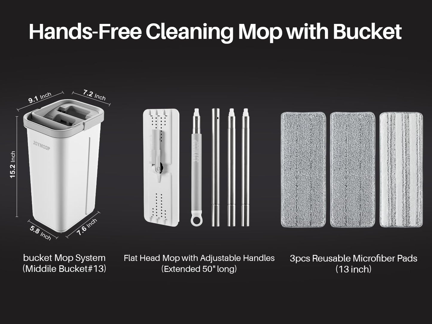 JOYMOOP Mop and Bucket Set, Hands-Free Flat Floor Mop with 3 Washable Microfiber Pads, Wet and Dry Use, Ideal for Home and Commercial Floor Cleaning