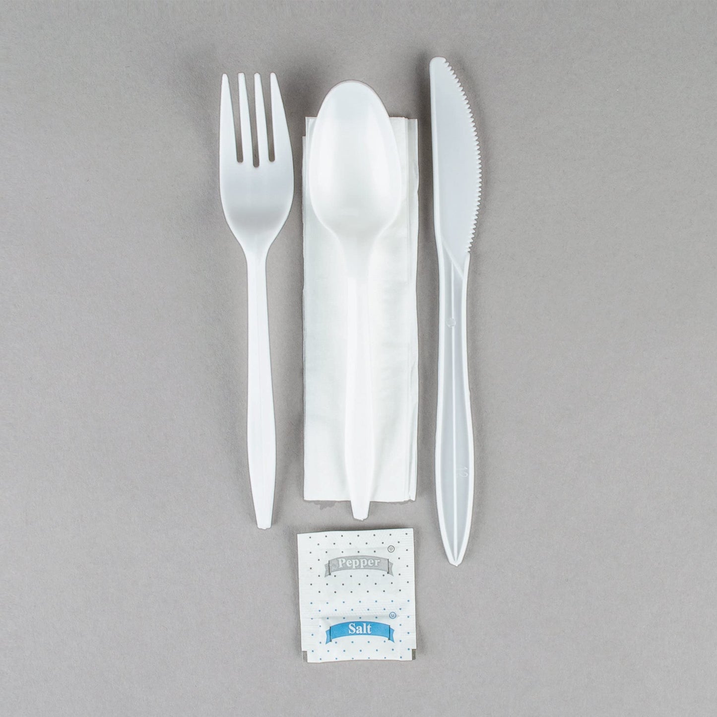 KitchenDine 100 Pack Medium Weight Wrapped white Plastic Cutlery Pack with Napkin and Salt/Pepper Packets (White)