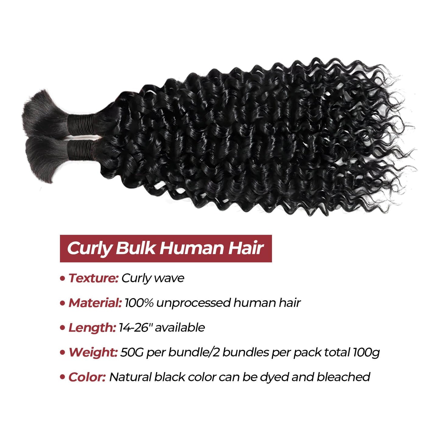 100 Percent Human Braiding Hair for Boho Braids - 24 Inch Curly Human Hair, 2 Bundles, 100g, Deep Wave, Knotless Braids (1B, 24inch)