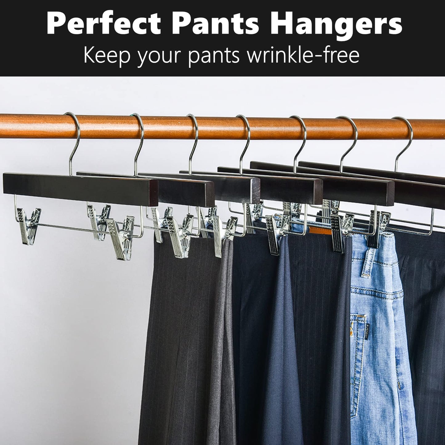 Amber Home 24 Pack Walnut Wooden Pants Hangers with Clips, 14" Wood Skirt & Trousers Hangers, Closet Hangers for Jeans, Slacks, Shorts, with 2-Adjustable Clips (Vintage, 24)
