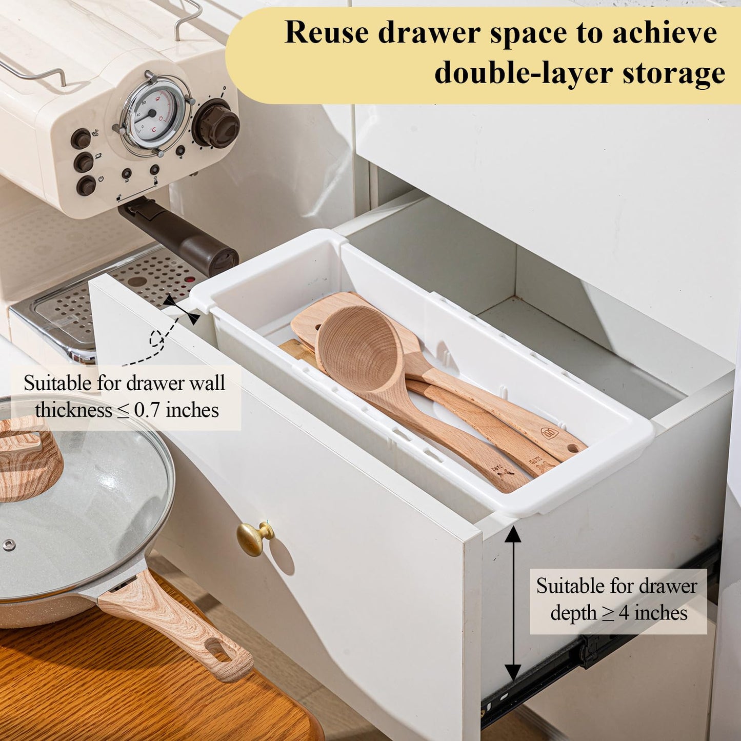 BrightRow 4 Pcs Expandable Drawer Organizer Bins Adjustable Deep Drawer Hanging Organizer Tray Expandable 11.4 to 18.1 Inches Plastic Dividers Storage for Office Bathroom Bedroom Kitchen Desk, White