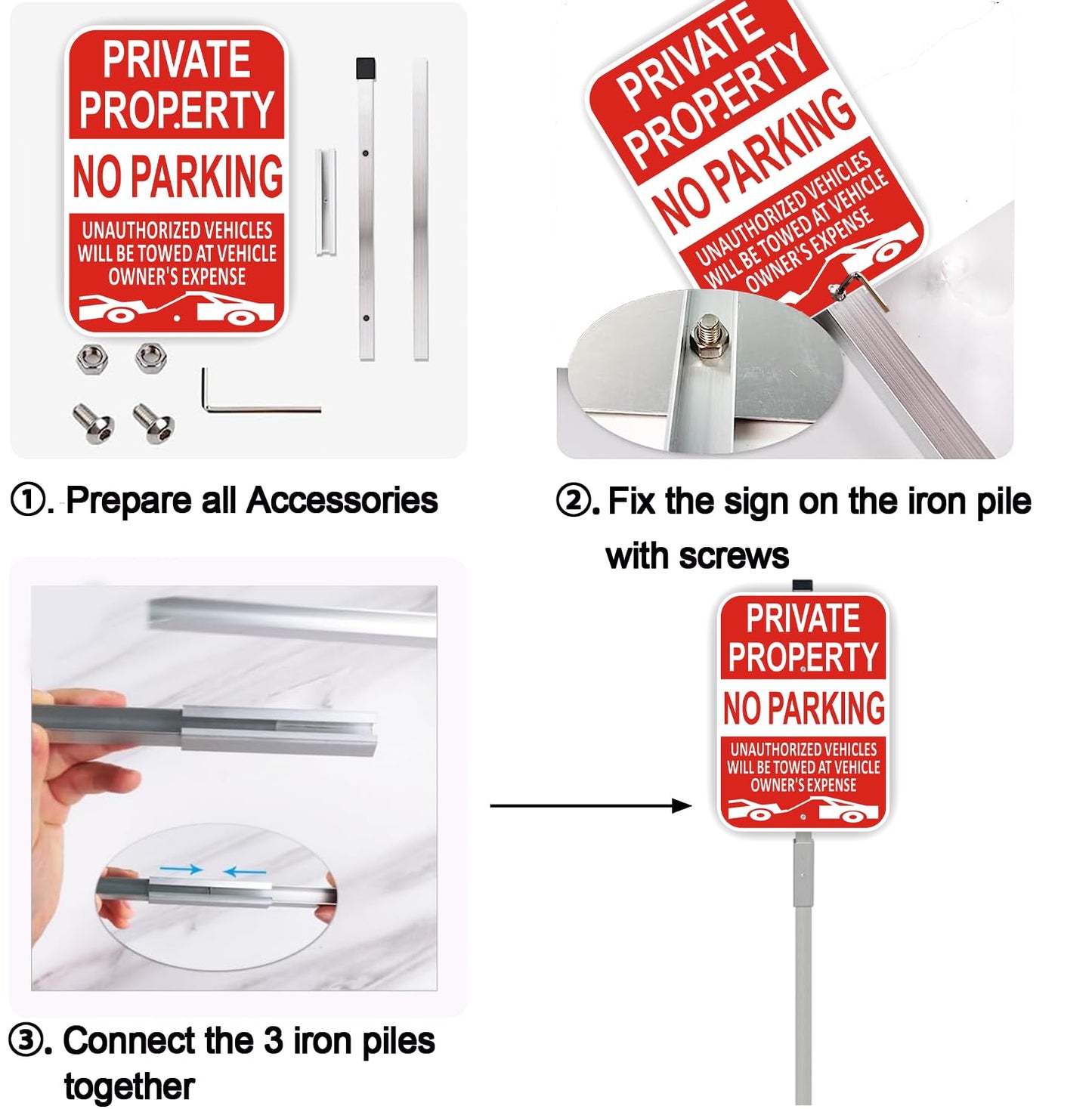 (3 Pack) Large Private Property No Parking Sign with Stake 36" Tall | 14" x 10" Vehicle Towed At Owner's Expense Sign, Reflective Rust Free Aluminum, UV Protected, Fade Resistance, Easy to install