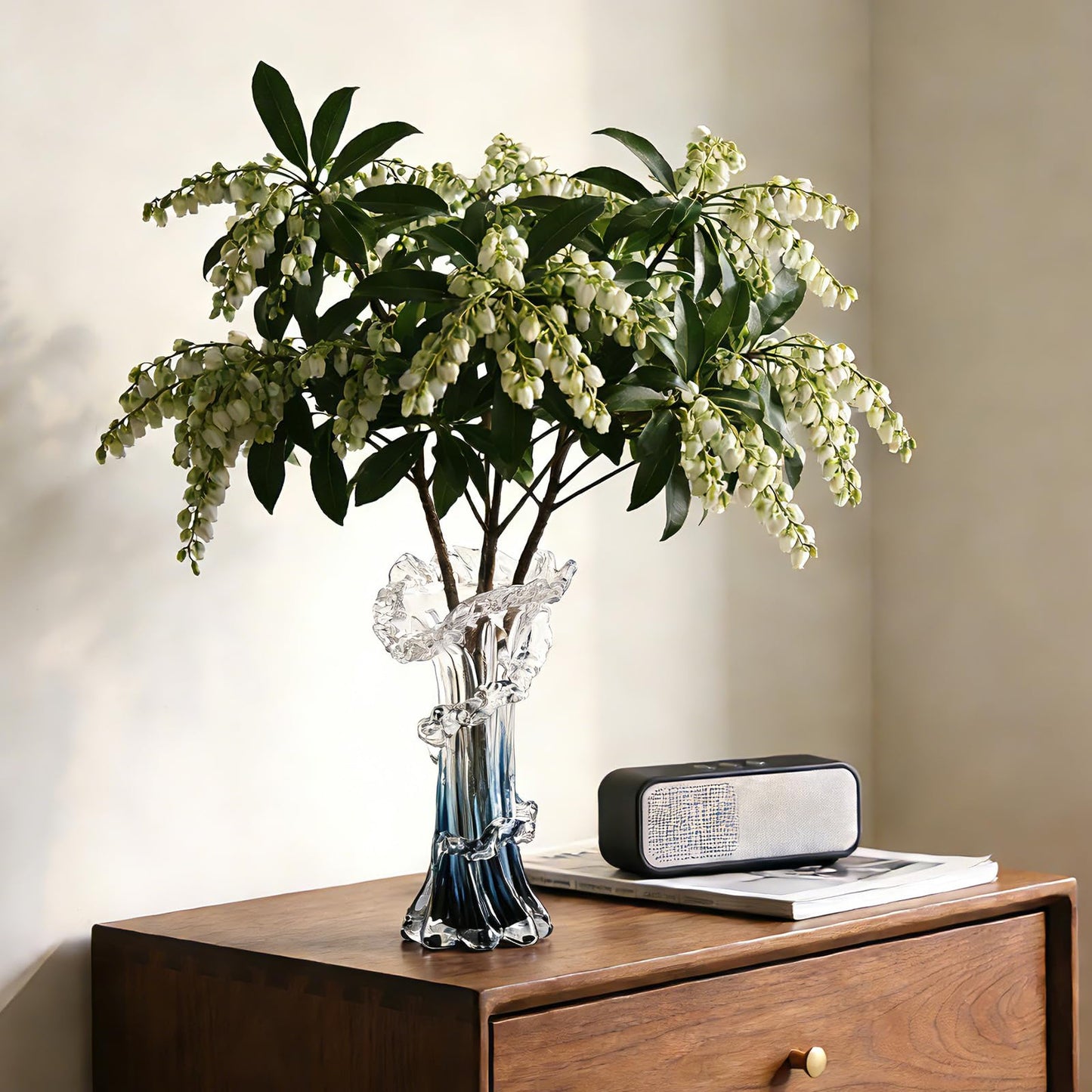 Hand Blown Blue Glass Vase, Unique Art Beautiful Ocean Glass Vase for Coastal Home Decor, Coffee Table, Living Room, Office Decor - 9.8" H (Medium)