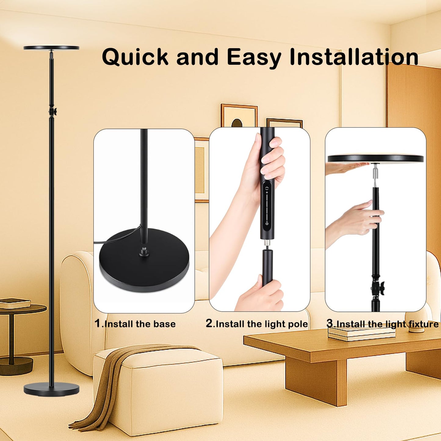 Lsoppn Sky Floor Lamps for Living Room, 30W/3000LM Super Bright LED Torchiere Lamp, Remote Control Stepless Dimmable Tall Standing Lamp, Modern 6ft Floor Lamp for Bedroom, Office