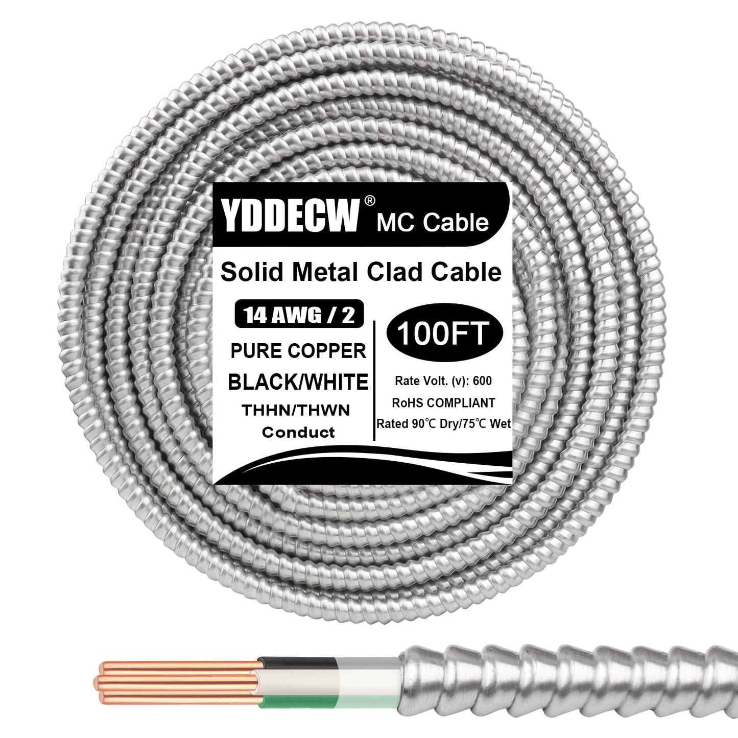 100ft 14/2 Metal Clad (MC) Cable with Ground, 14 Gauge Electric Wire with Aluminum Armor, Solid Bare Copper Conductors for Indoor Outdoor Underground Embedded Installation (14/2, 100 ft)