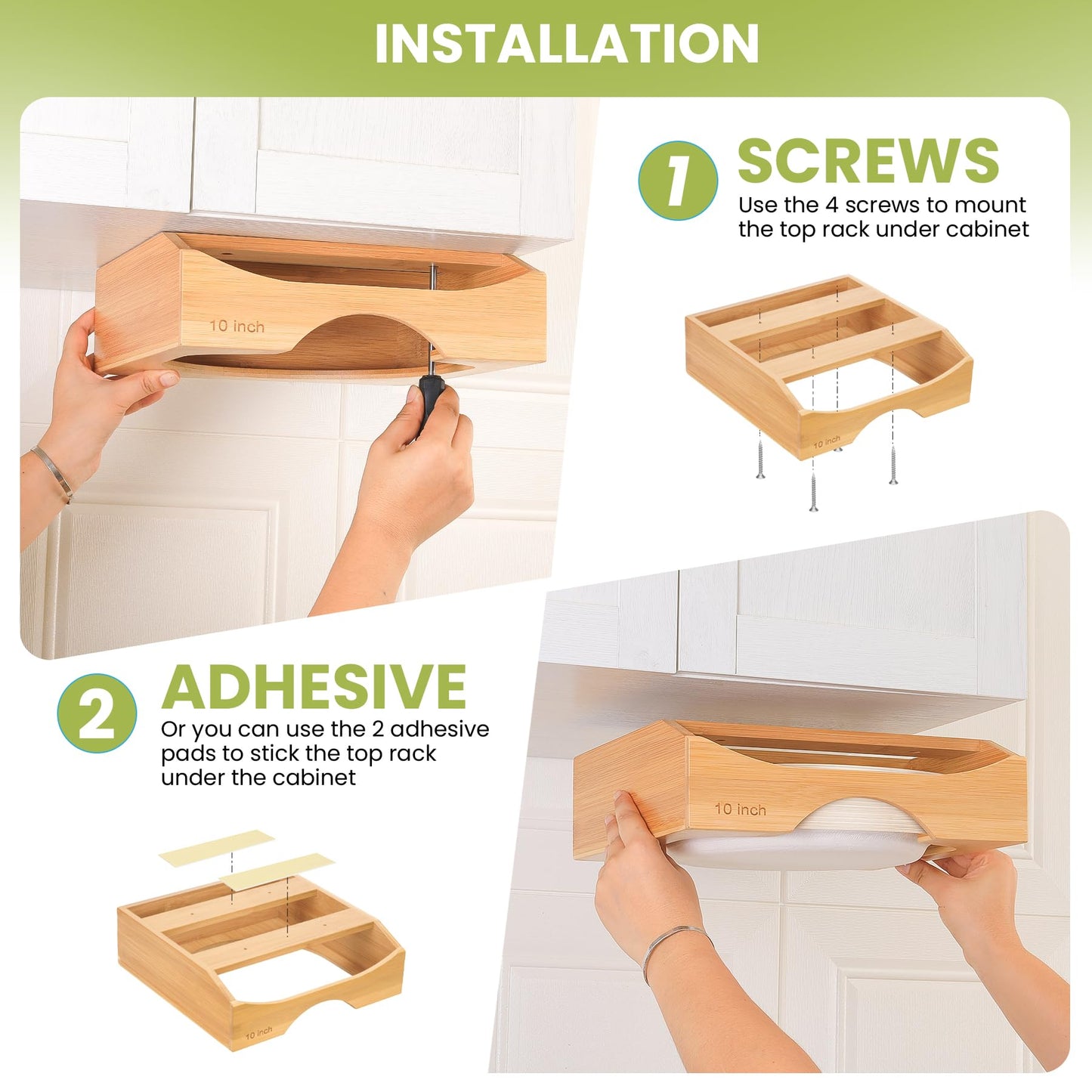 CKIU 10-inch Paper Plate Dispenser Under Cabinet, Bamboo Paper Plate Holders, Kitchen Counter Vertical Plate Dispensers Holders Countertop Caddy(For 10-inch Plates, Bamboo)