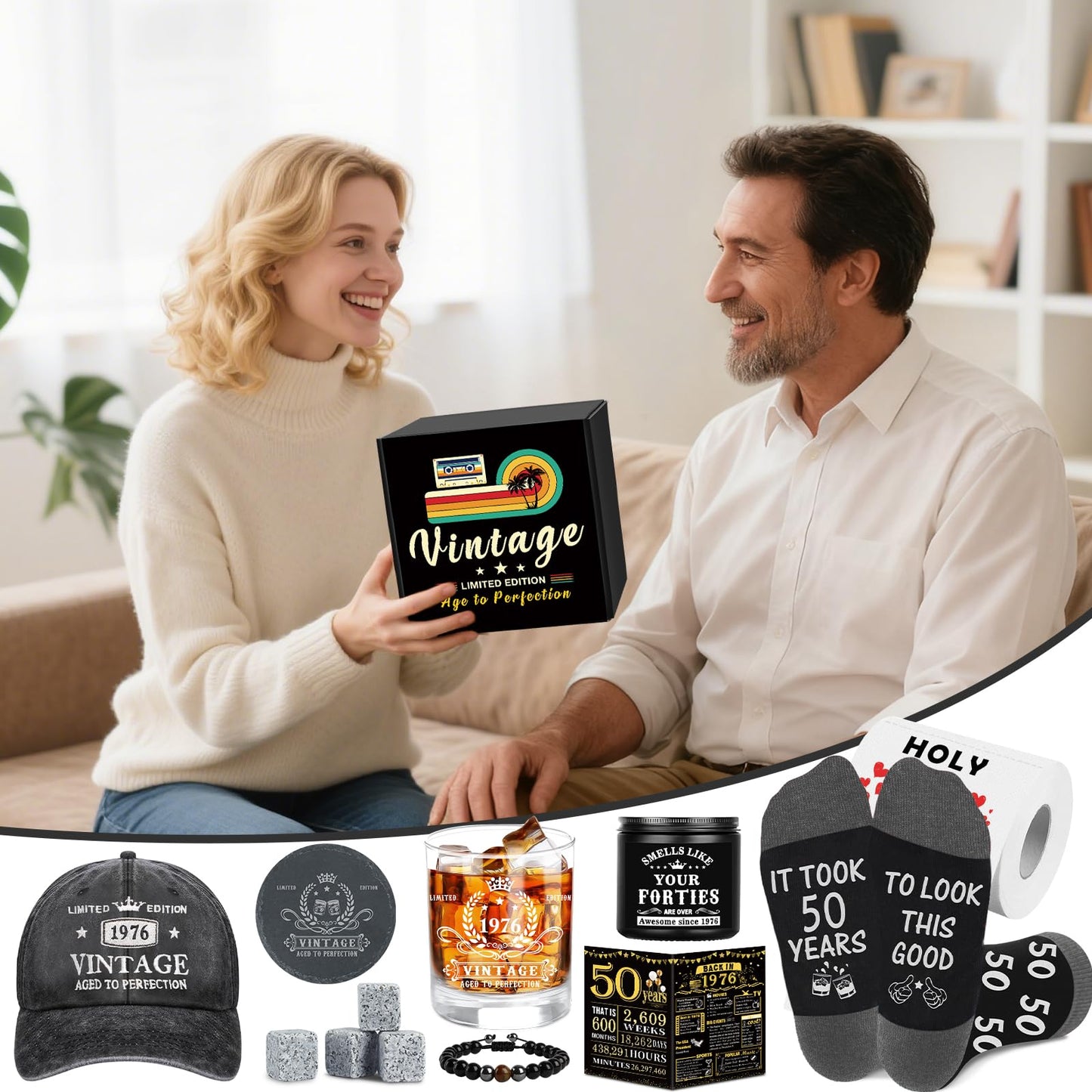 50th Birthday Gifts for Him, Happy 50th Birthday Decorations for Men, 50 Year Old Gifts for Man Who Have Everything, 1976 50th Birthday Gift Baskets for Men Whiskey Glass Baseball Cap Socks Stones