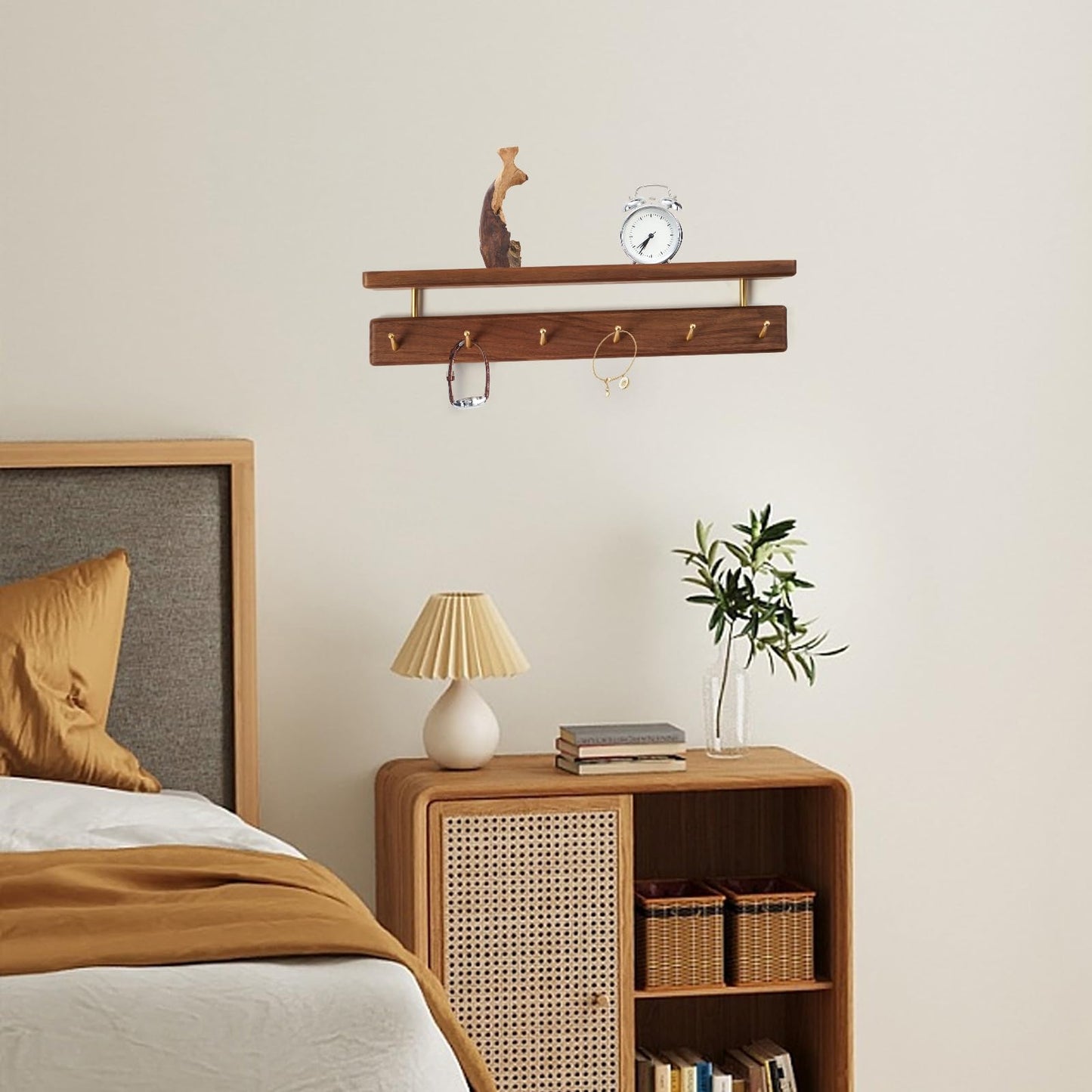 Mayhas Solid Wood Shelf with Hooks, 19 inch Coat Rack Wall Mount, Shelves with 6 Brass Hooks for Hanging in Entryway, Living Room, Bathroom, Bedroom, Kitchen(Walnut)