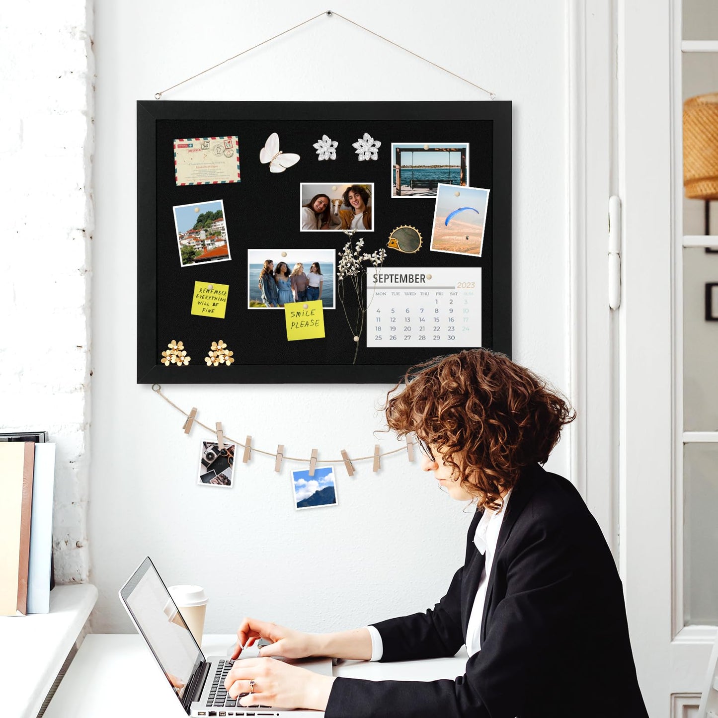 AMUSIGHT Double-Sided Black Cork Board with Linen, 24" x 18" Hanging Wood Framed Large Bulletin Board, Picture Display Vision Board Kit Corkboards for Wall Room School Office Decor, 20 Pushpins
