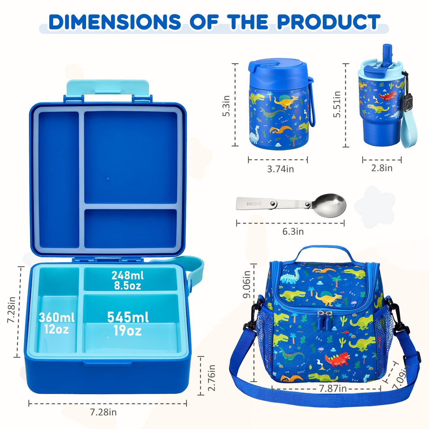 Pawtong Lunch Box Set with Bento Box Container, 17OZ Stainless Steel Food Soup Thermo, Kids Water Bottle & Portable Insulated Lunch Bag, Leakproof, Hot/Cold Retention for School, Travel (Dinasour)