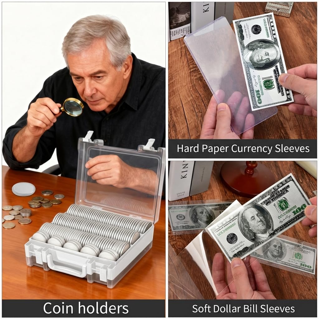 Coin Collector Case Holder with 141 pcs Capsules with Foam Gaskets & 220 Dollar Bill Sleeve - All-in-One Coin Collection Supplies Storage Box for Secure Coin and Paper Money- White