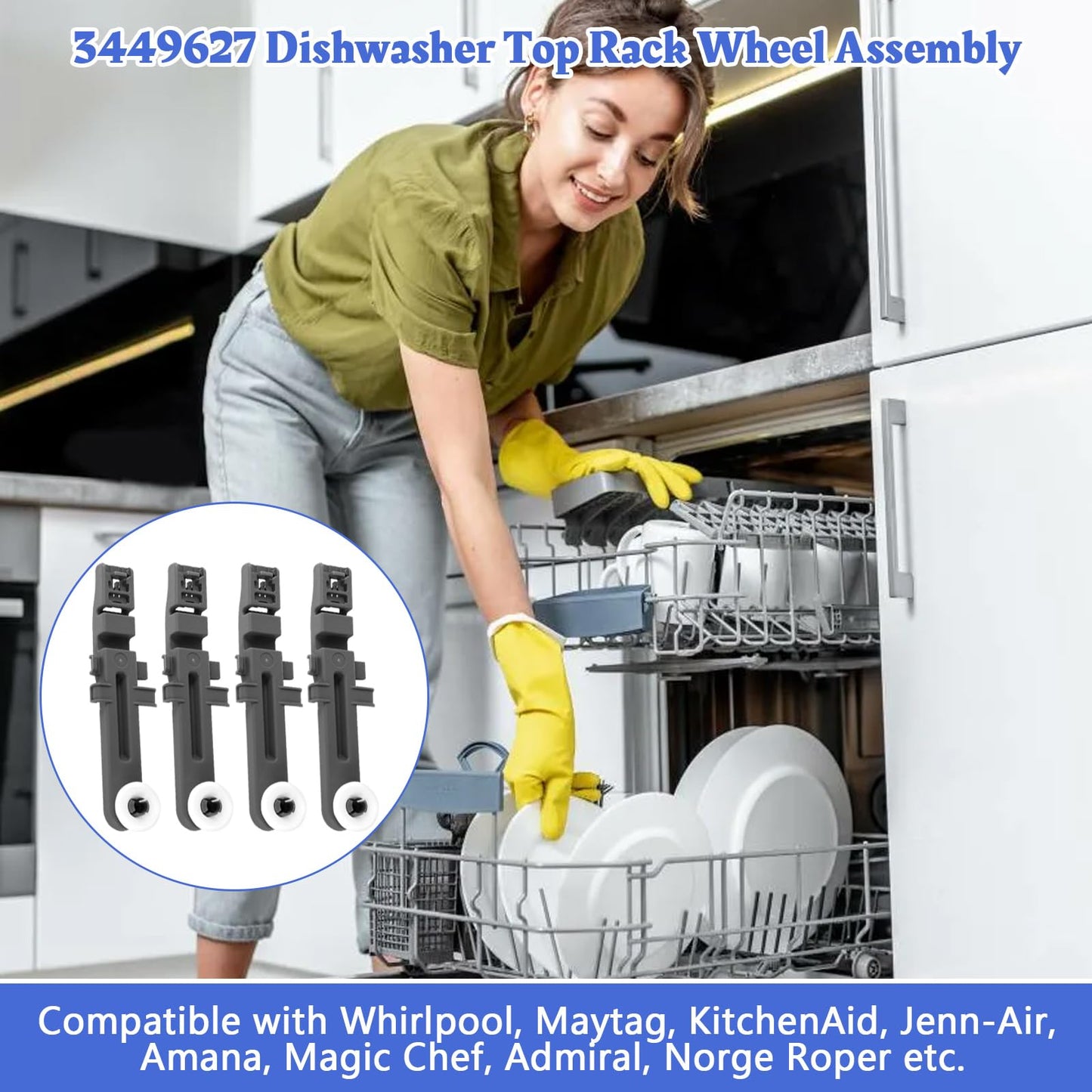 W10571738 Dishwasher Upper Dishrack Adjuster And Wheel Assembly Compatible with Whirlpool Maytag Dishwasher Top Rack Wheel Assembly Replacement Parts 3449627 PS11756470 WPW10571738 AP6023130 (4 Pack)