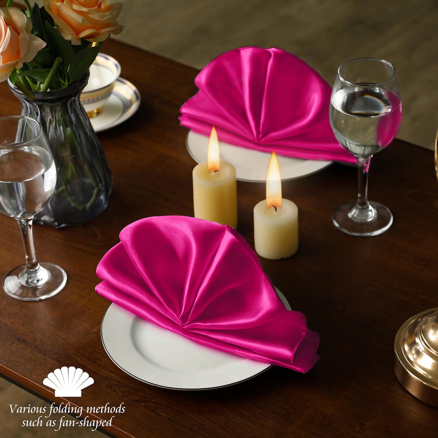 Manyshofu 60 Pieces Hot Pink Satin Napkins - 20x20 Inches Cloth Napkins, Square Satin Fabric Napkins Set - Soft & Reusable Table Napkins for Wedding Dinner Party Lunch