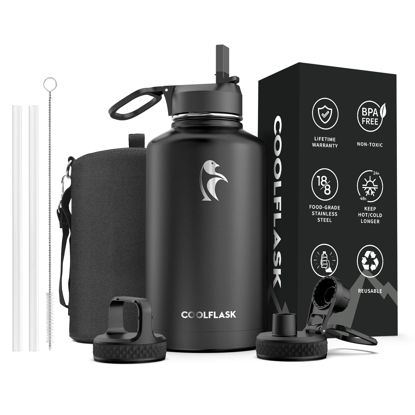 64 oz Water Bottle Insulated with Straw & 3 Lids, Coolflask Large Metal Stainless Steel Water Jug Big Half Gallon Wide Mouth for Sports, Gym or Office, Non-BPA Keep Cold 48H Hot 24H, Magic Black