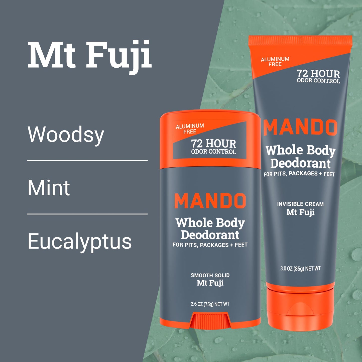 Mando Whole Body Deodorant - Invisible Cream Tube and Solid Stick - 72 Hour Odor Control - Aluminum Free, Baking Soda Free, Skin Safe - 3.0 Ounce Tube and 2.6 Ounce Solid Stick Bundle - Mt Fuji