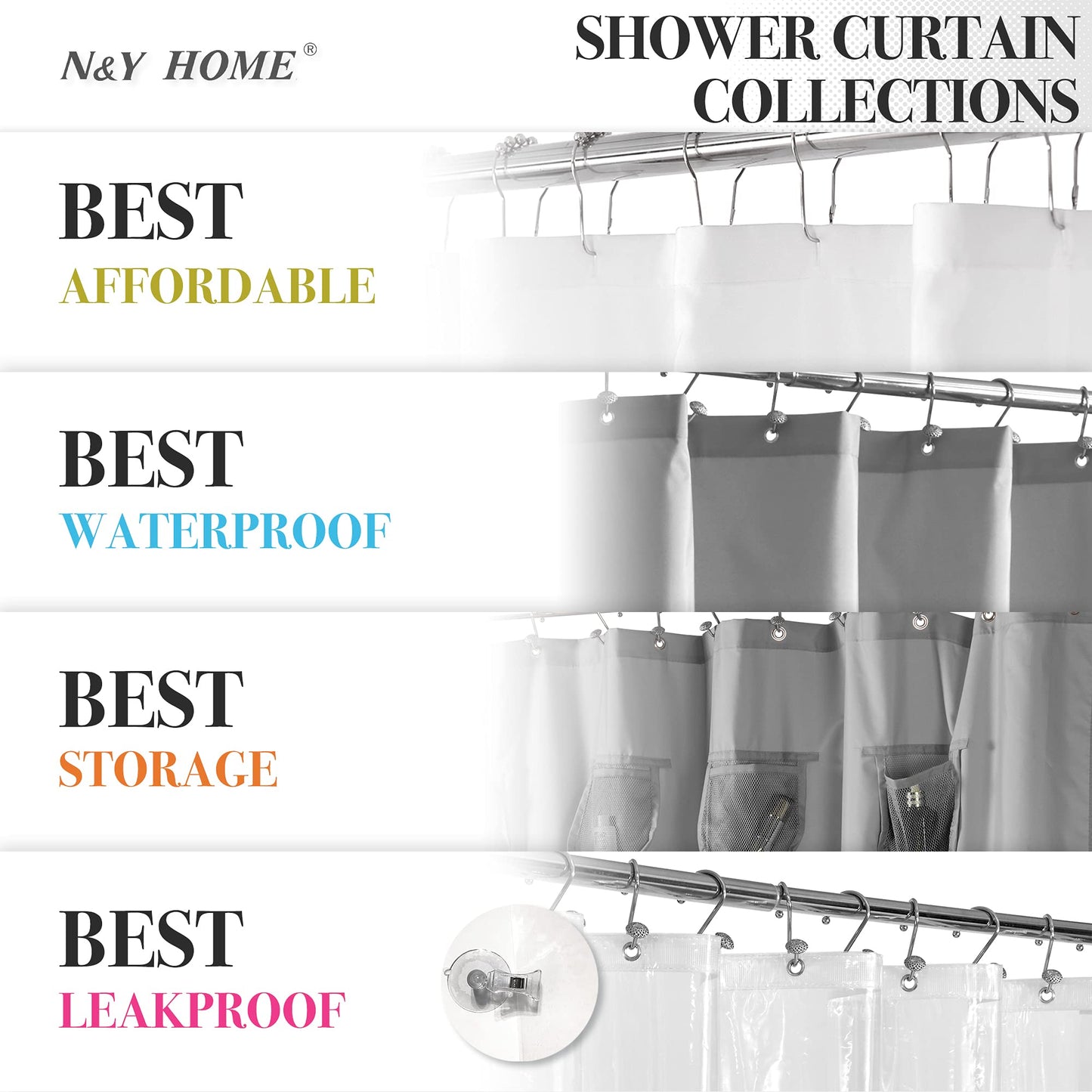 N&Y HOME Waffle Weave Shower Curtain with Snap-in Fabric Liner Set, 12 White Hooks Included - Hotel Style, Waterproof & Washable, Heavyweight Fabric & Mesh Top Window - 71x72, White