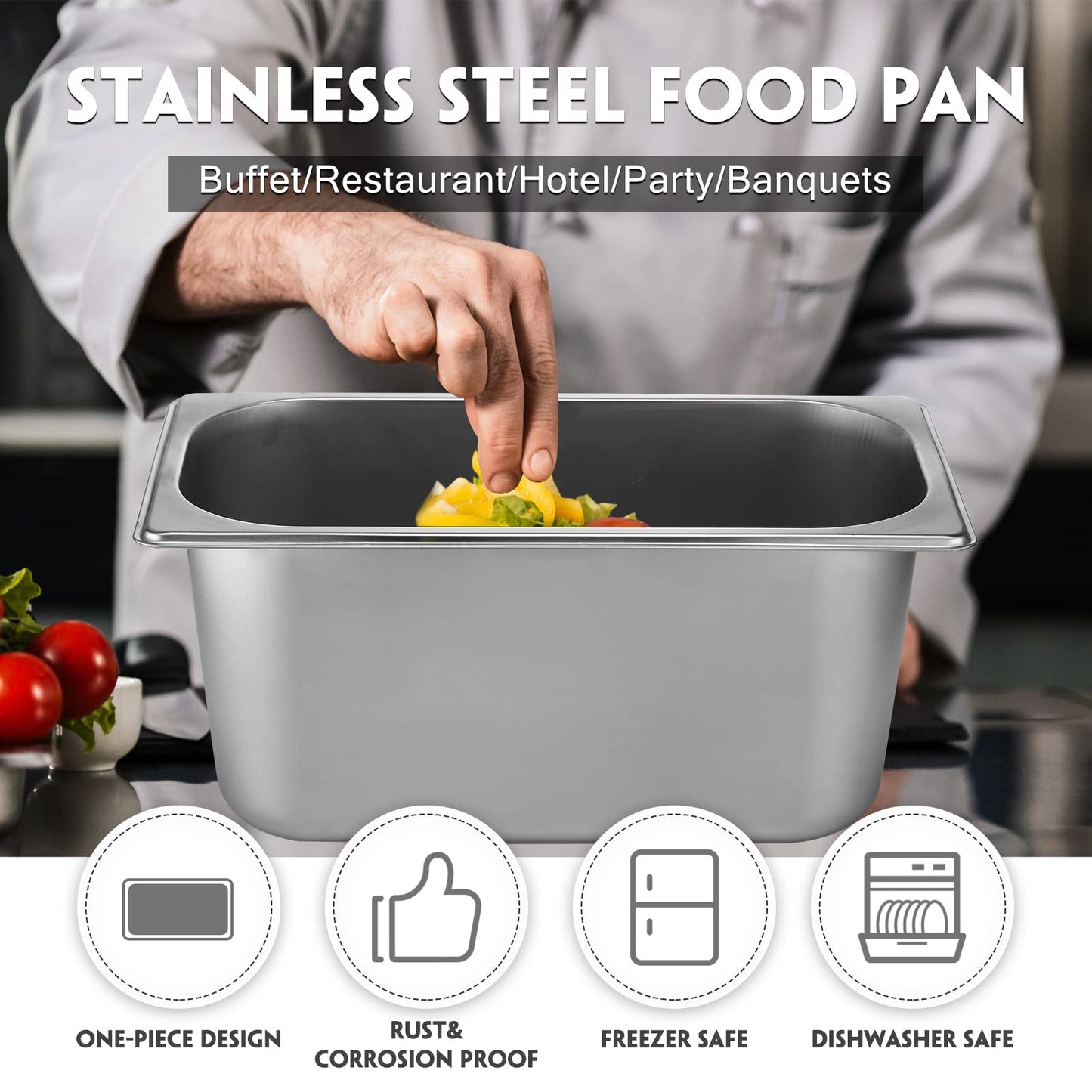 10 Pack Hotel Pans Stainless Steel Steam Table Pan 1/3 Size, 0.8 mm Thick Anti Jam Warming Pans for Food Warmer Restaurant Catering Supplies, 12.8 x 6.9 Inch(6 Inch Deep,Standard)