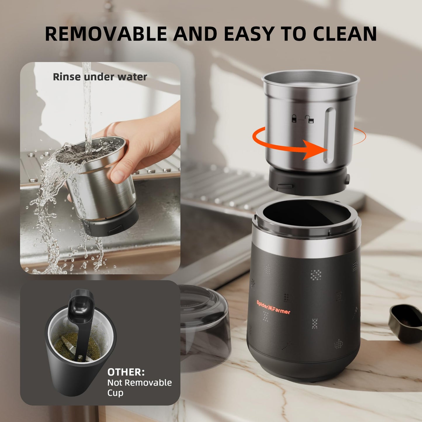 Spider Farmer Coffee & Spice Grinder, Electric with Removable Stainless Steel Bowl, 70g Capacity for Beans, Spices, Nuts