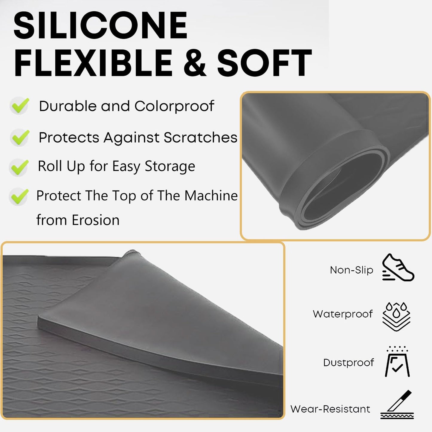 SCYFREID Washer and Dryer Top Protector Mat, 2 PCS, 25.6“ x 23.6" Silicone dust pad, Non-slip,Heat-Resistant, Leak-Proof Top Protector for Laundry Room Essentials,(Gray,2 PCS)