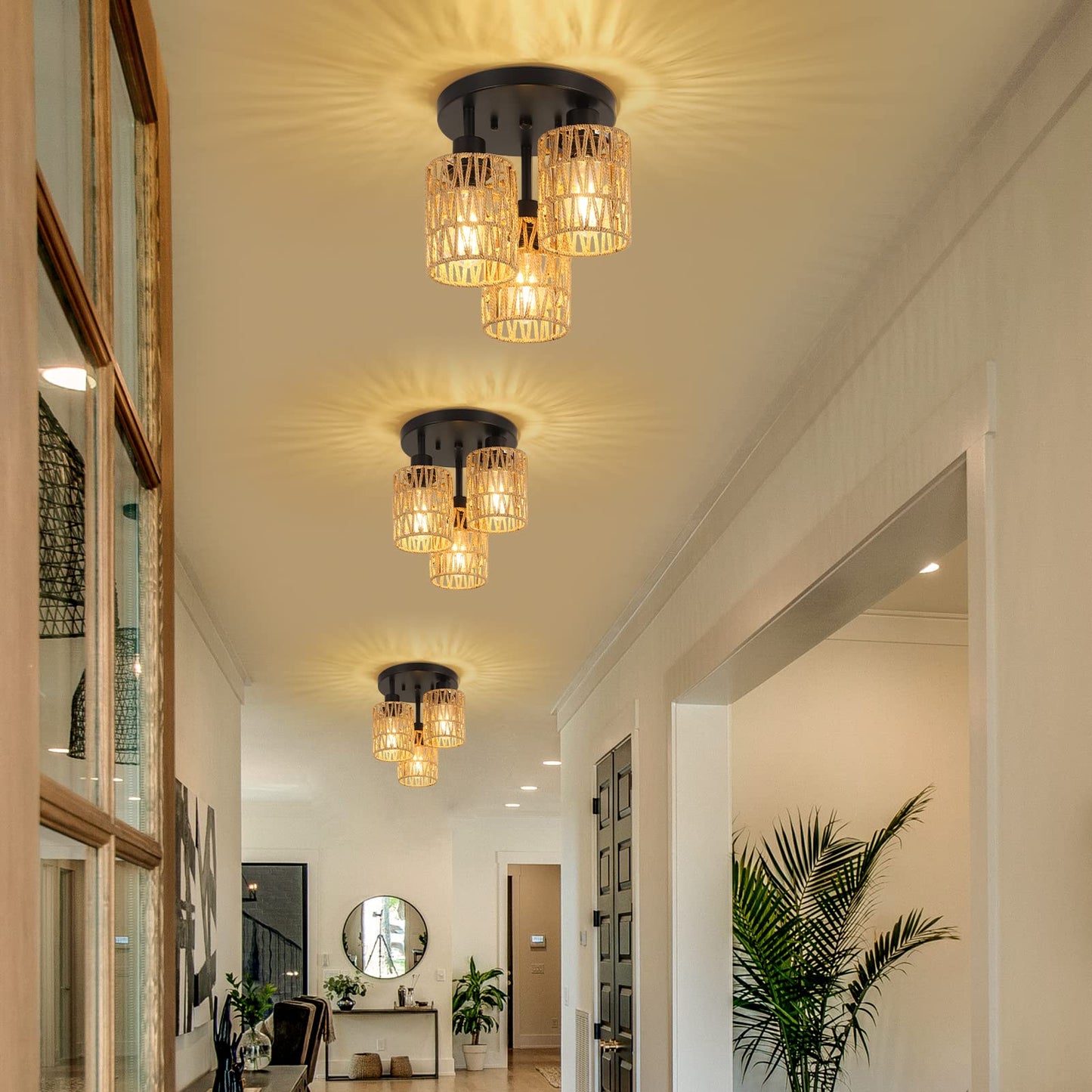 3-Lights Boho Light Fixtures Ceiling Mount, Farmhouse Rattan Chandelier, Hand Woven Cage Shade Semi Flush Mount Ceiling Lights for Bedroom Foyer Entryway Kitchen, Hallway Rattan Light Fixtures Ceiling
