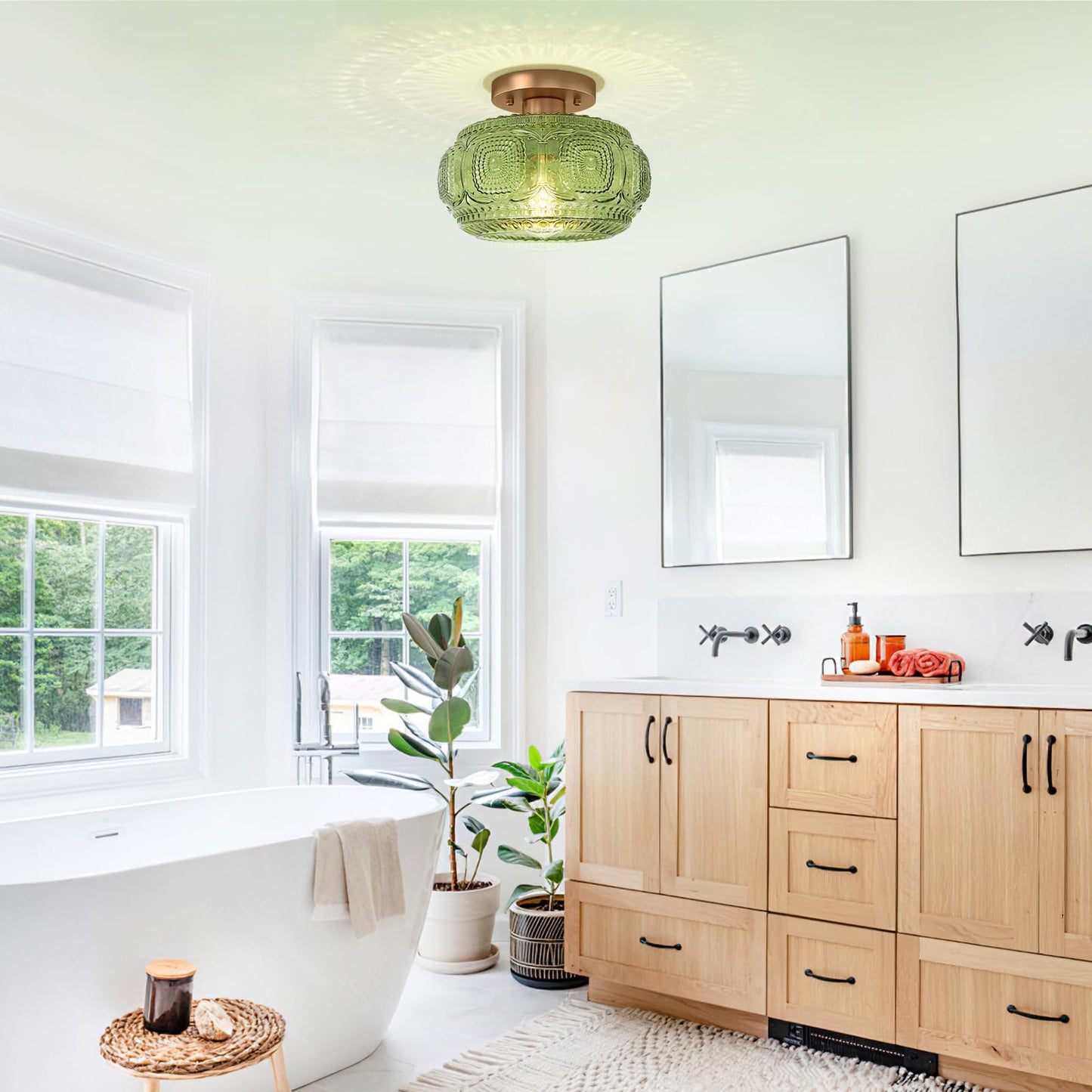 OYKYOHEI Semi Flush Mount Ceiling Light, Green Globe Glass Ceiling Light Fixture, Art Deco Kitchen Lighting fixtures Ceiling for Hallway Porch Corridor Bedroom, Bulb Not Included