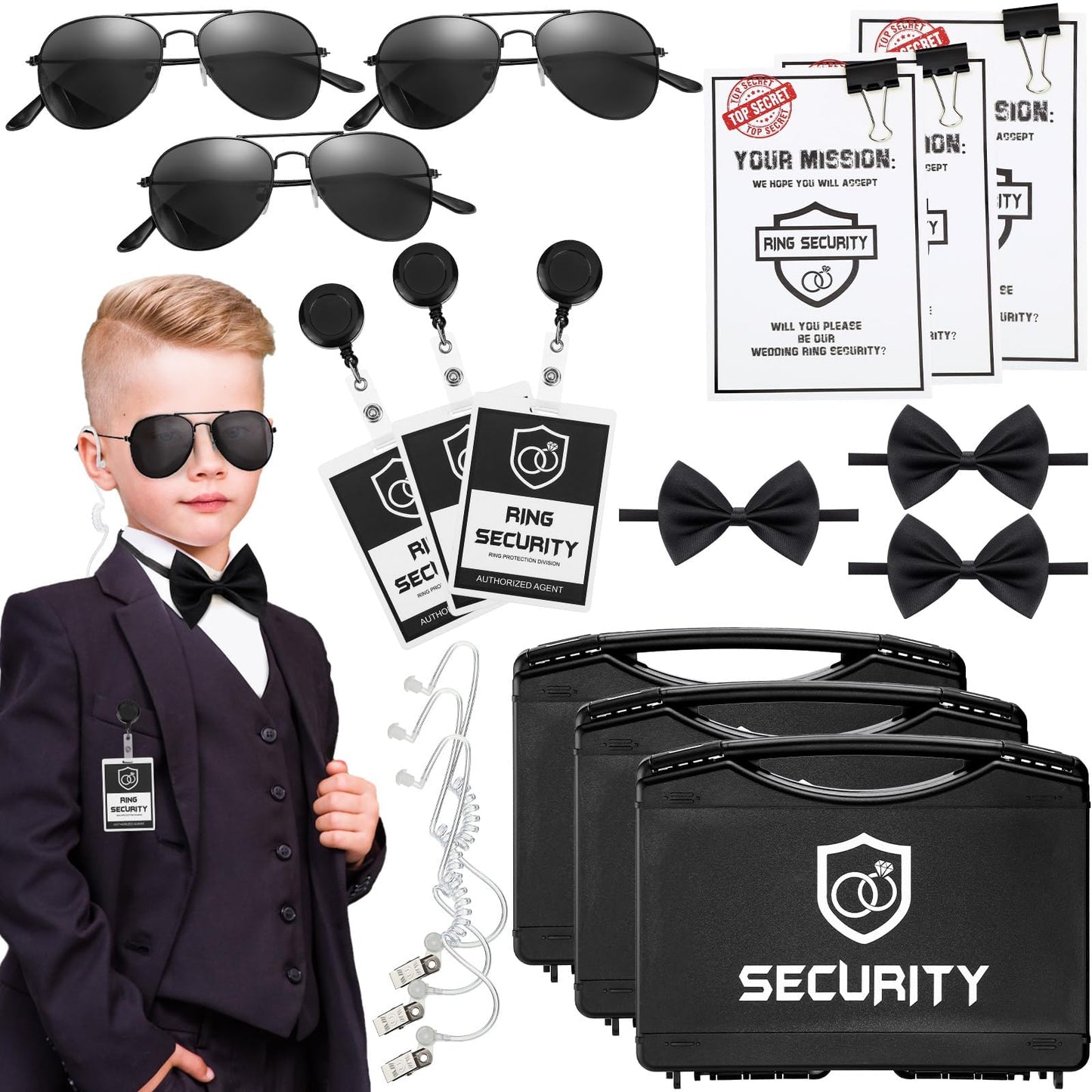 Mepase 21 Pcs Ring Wedding Bearer Security Set Include Ring Bearer Box ID Badge Holder Sunglass Acoustic Earpiece Tube Mission Card with Binder Clip Bow for Kids (Pp Suitcase)