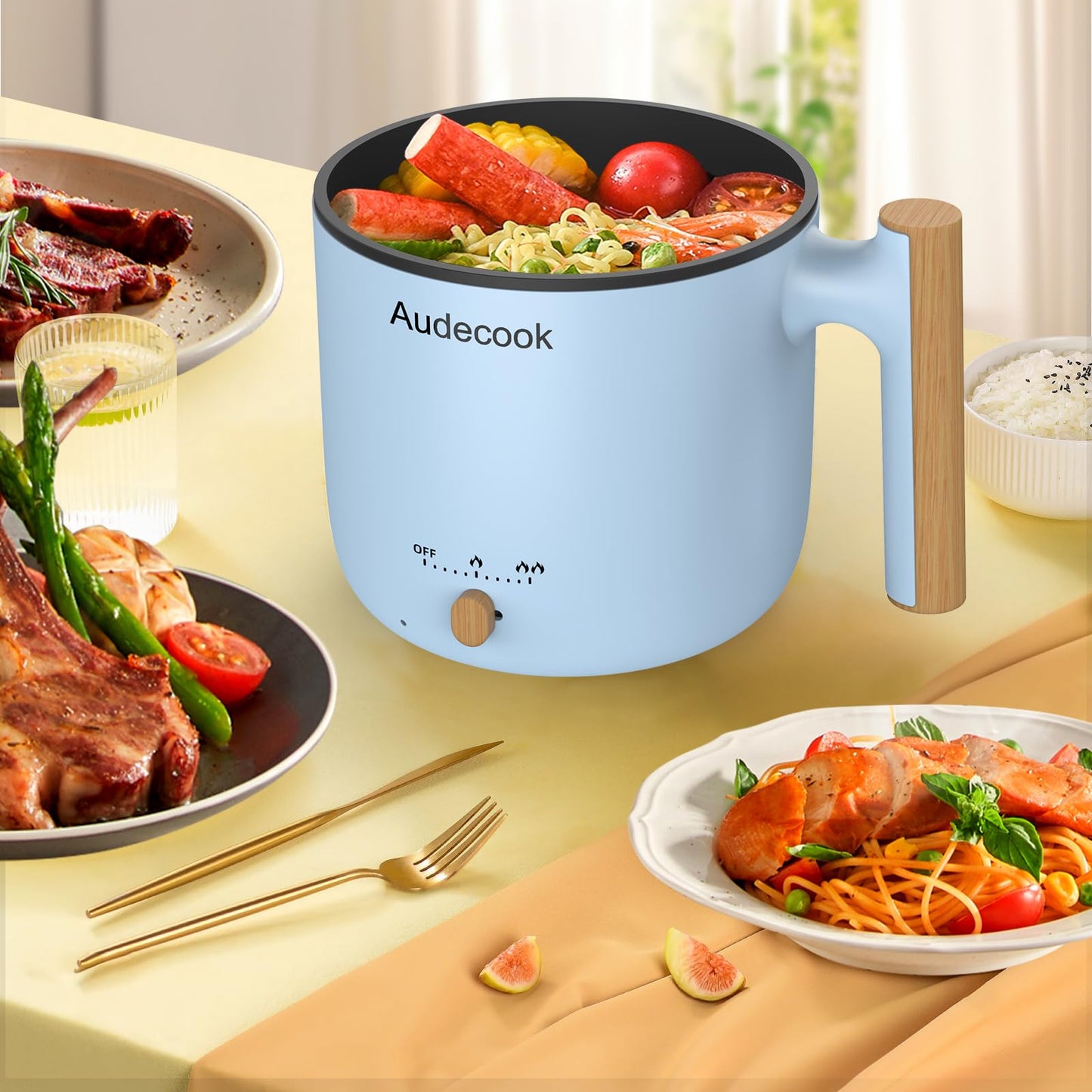 Audecook Hot Pot Electric with Steamer, 1.8L Portable Mini Travel Cooker, Multifunctional Non-Stick Electric Skillet for Stir Fry/Stew/Steam, Perfect for Ramen Noodles/Pasta/Egg/Soup/Oatmeal(Blue)