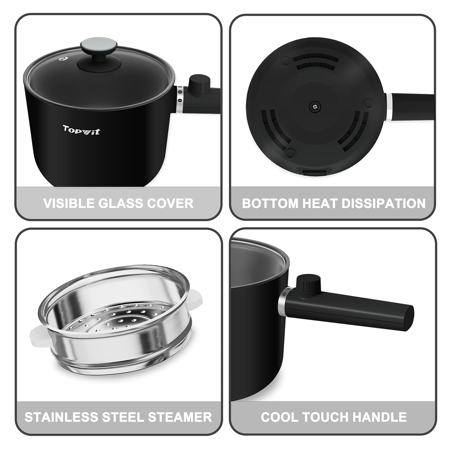 Topwit Hot Pot Electric with Steamer, 1.5L Ramen Cooker, Non-Stick Sauté Pan, Portable Cooking Pot, Electric Cooker with Dual Power Control, BPA Free, Over-Heating & Boil Dry Protection, Black
