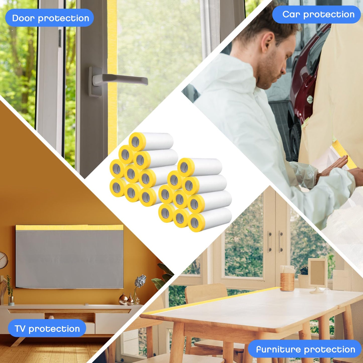 Seajan 18 Roll Painters Plastic with Tape Pre Taped Masking Film for Painting Automotive Paint Adhesive Protective Film Masking Tape Roll Plastic Painting Covering (White,5 x 65 Ft)