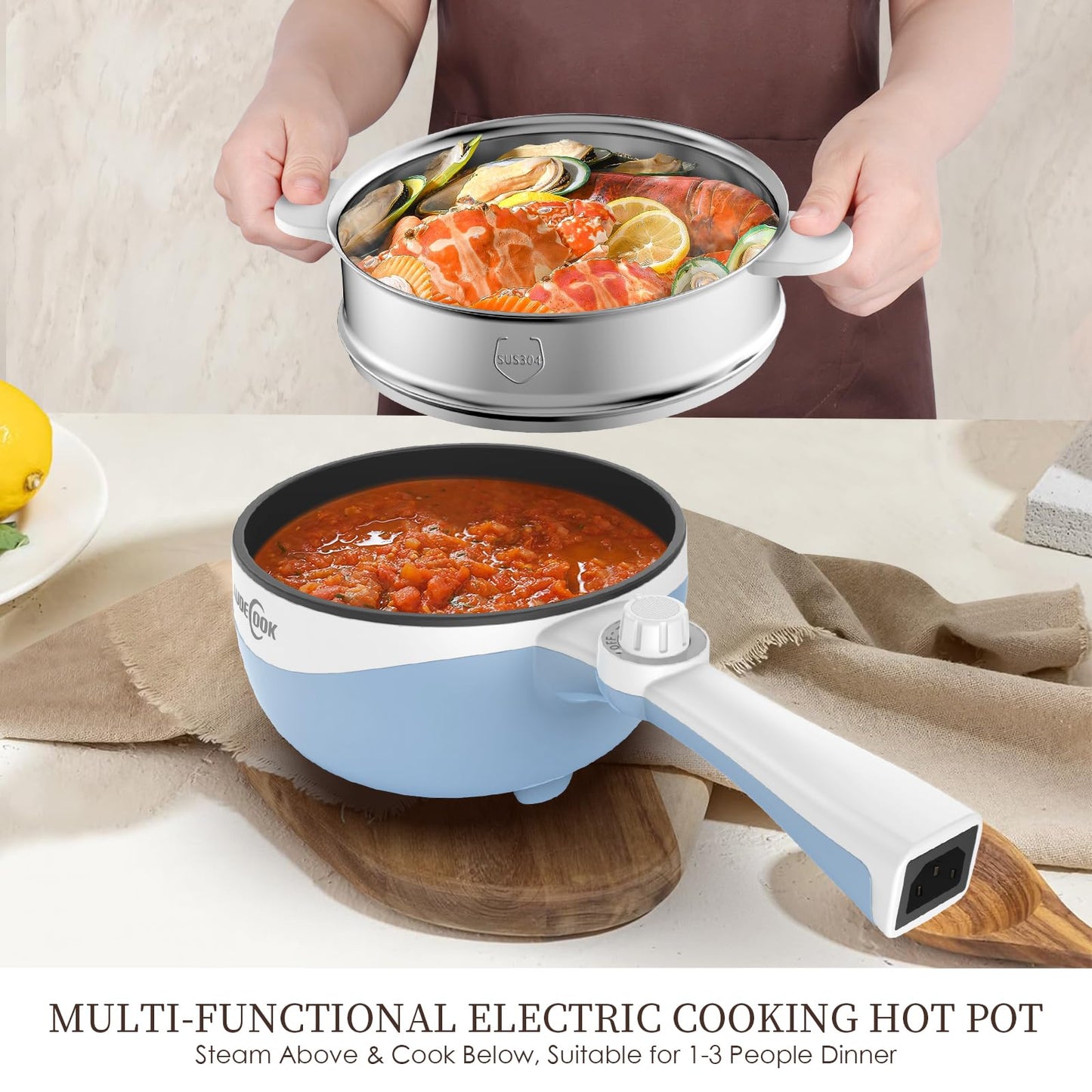 Audecook Hot Pot Electric, 1.7L Mini Electric Skillet Portable Nonstick Sauté Pan with Power Adjustment, Ramen Cooker Travel Multicooker for Steak/Soup/Egg/Oatmeal/Noodles