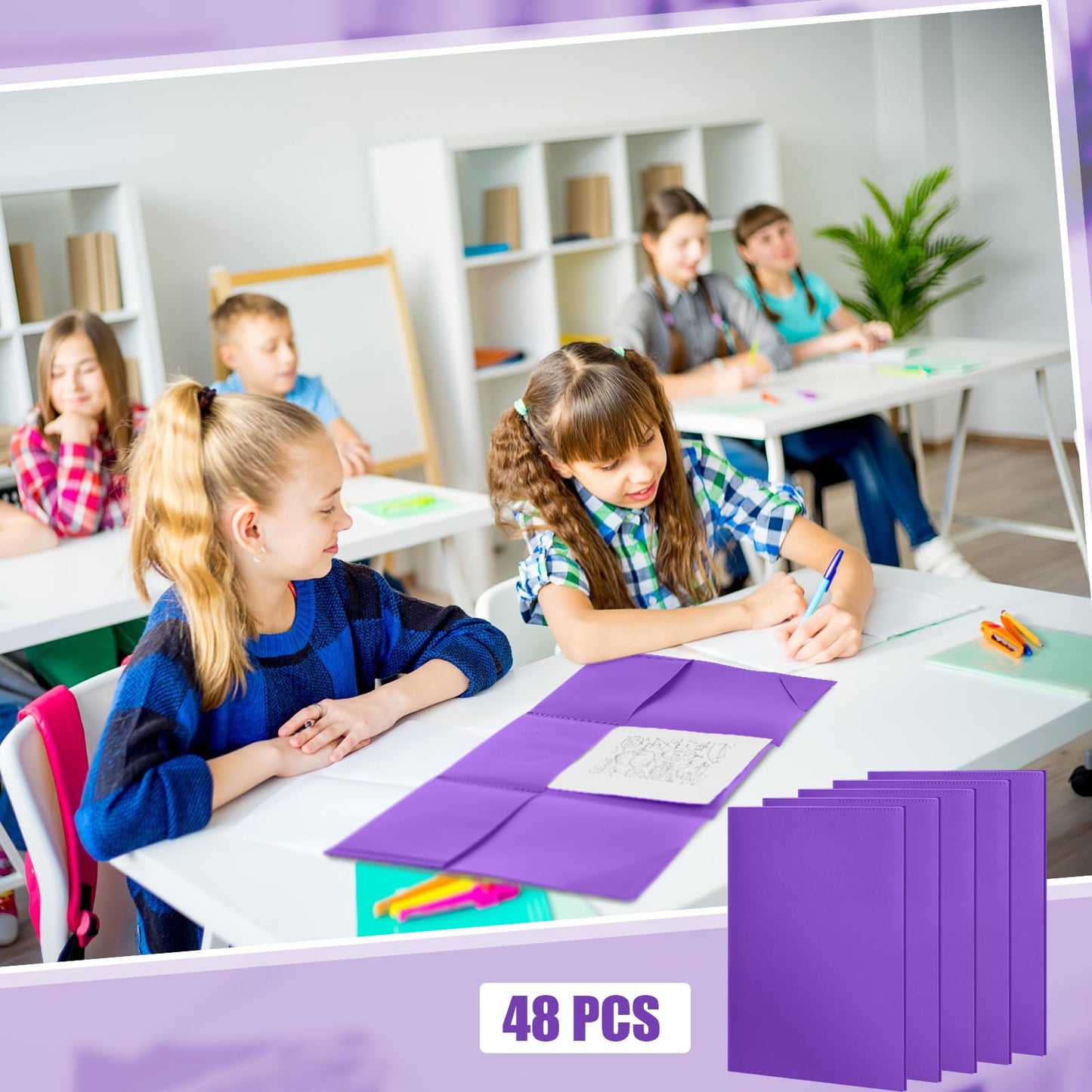 Tenceur 48 Pcs Plastic 3 Pocket Folders, Tri Fold School Folders Bulk for Students Teachers Classroom and Office, Durable Pocket Folder for Back to School Supplies (Purple)
