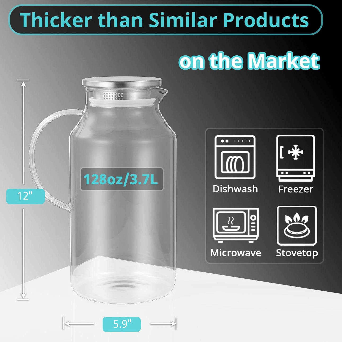 1 Gallon Glass Pitcher with Lid and Spout, Bivvclaz Glass Water Pitcher for Fridge, Glass Carafe for Hot/Cold Water, Iced Tea Pitcher, Large Jug for Coffee, Juice and Homemade Beverage