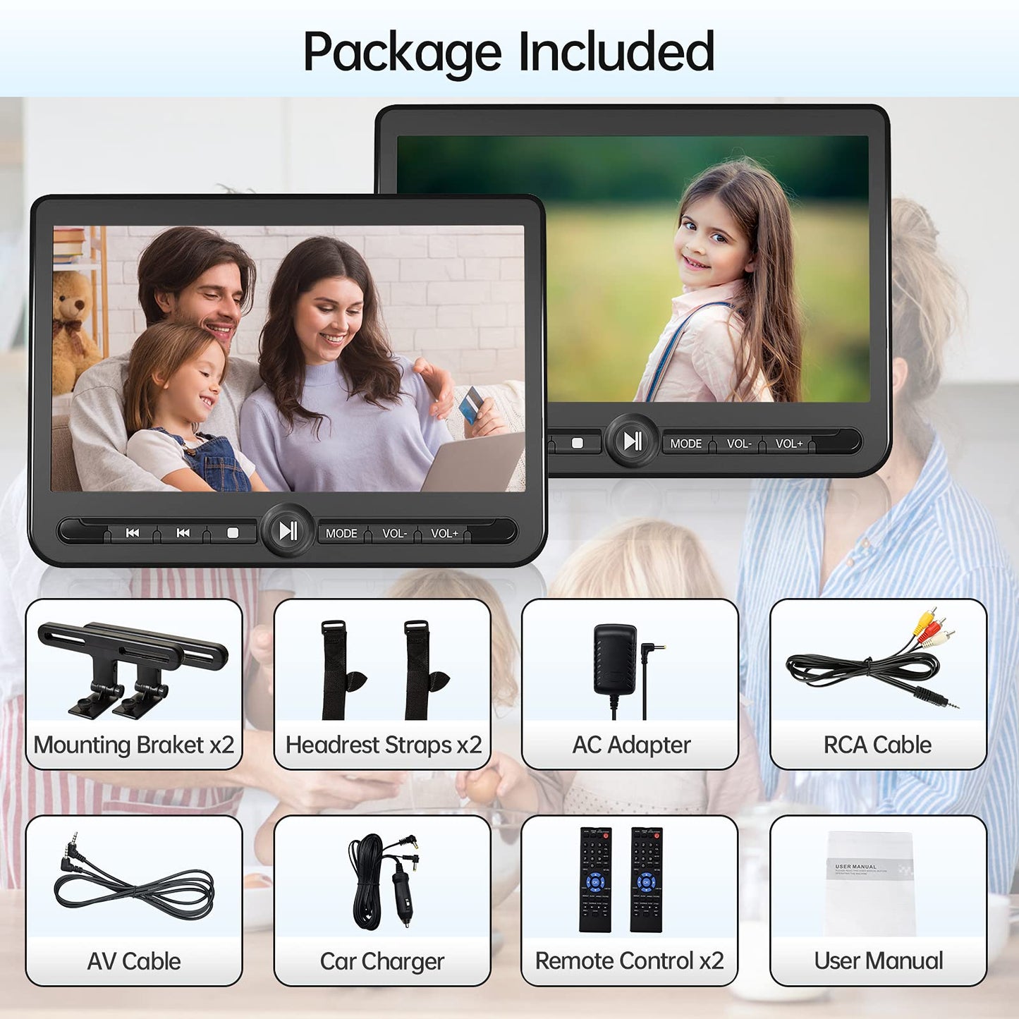 10.5" Dual Portable DVD Player, Arafuna Rechargable Car Screen Play A Same or Two Different Movies, Headrest for Car with 5-Hour, Support USB/SD, Last Memory