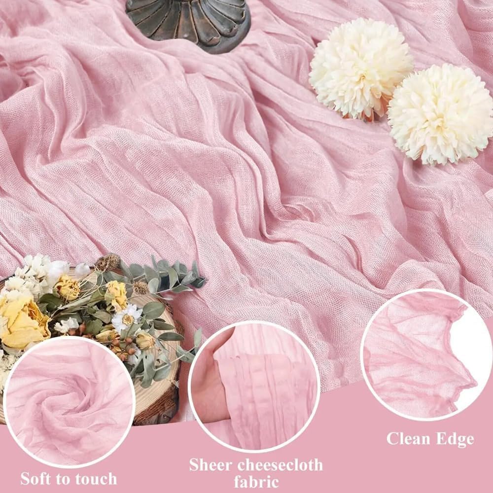 12 Pack Light Pink Cheesecloth Table Runner 35x120 Inch 10Ft Boho Gauze Fabric Table Runner Rustic Sheer Runner for Wedding Birthday Baby Shower Party Boho Table Decoration(Light Pink, 12 Pack)