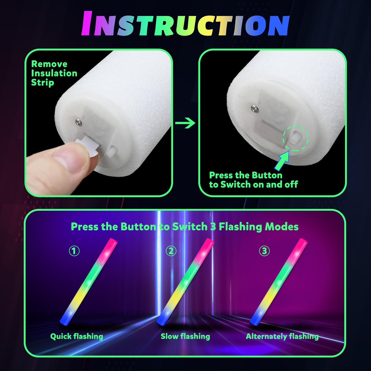 100 Pcs 18.5 inch Foam Glow Sticks Bulk, 4 Color LED Light Foam Sticks, Glow In The Dark Party Supplies, 3 Modes Colorful Flashing for Birthday Wedding Easter Halloween Christmas