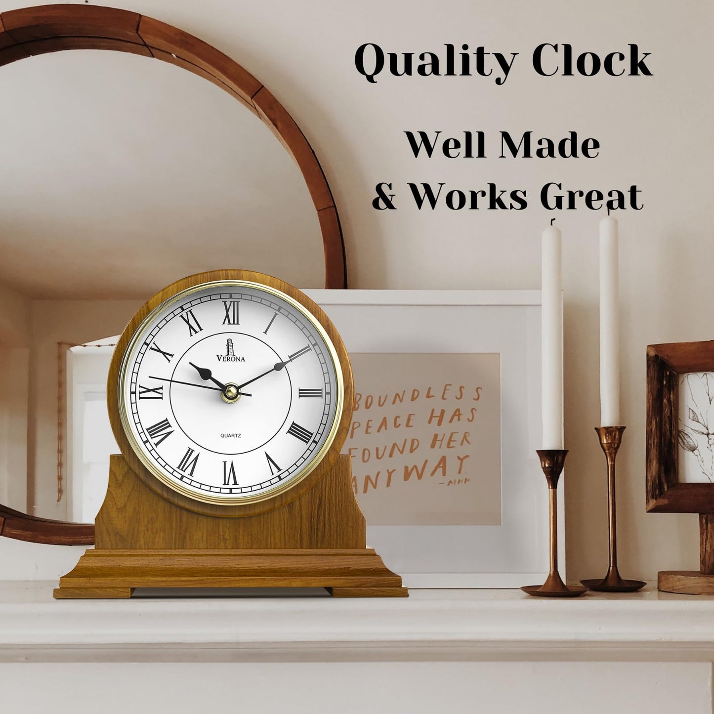 Mantel Clock for Living Room - Decorative Wood Mantle Clock Battery Operated - Silent Wooden Mantle Clock for Living Room Decor Above Fireplace Mantel, Office, Table, Shelf & Home Décor Gift 9x8.5