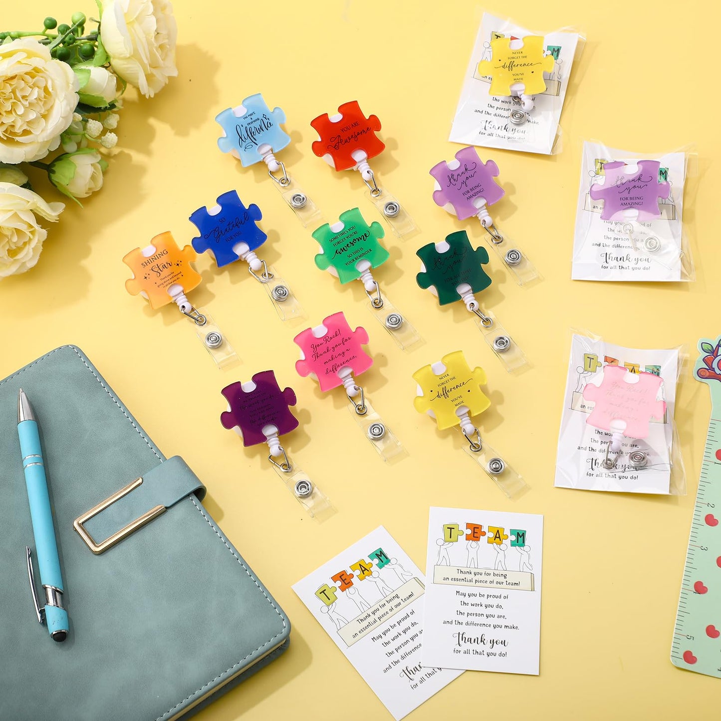 ReliThick 40 Set Employee Appreciation Gifts Bulk, Puzzle Badge Reel with Thank You Cards, Retractable ID Badge Holder for Nurse Teacher Staff Team Coworker Hospital School CNA Week (10 Styles)