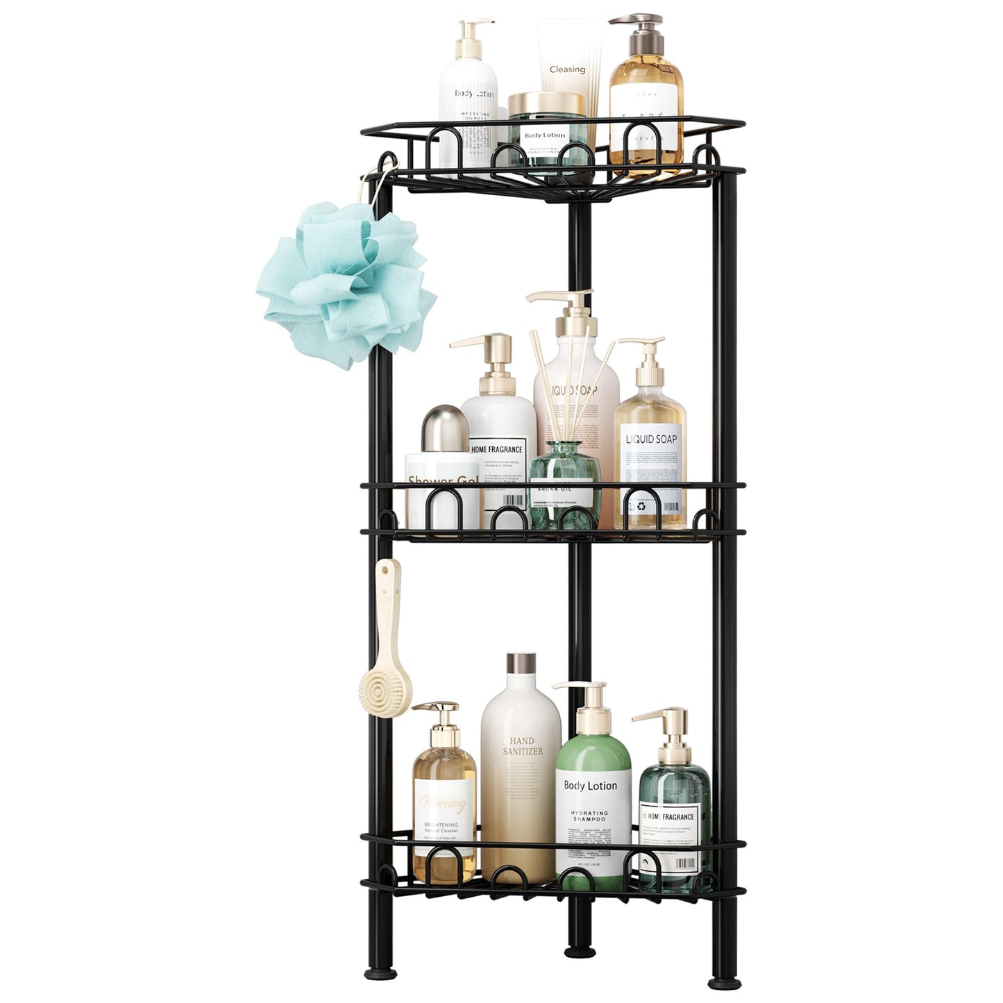SWTYMIKI Standing Shower Caddy Corner - 3‑Tier Stainless Steel Shower Organizer Shelf with 12 Hooks and Adhesive Pads, Rustproof Corner Shelves Stand Rack for Bathroom Shower Room, Black
