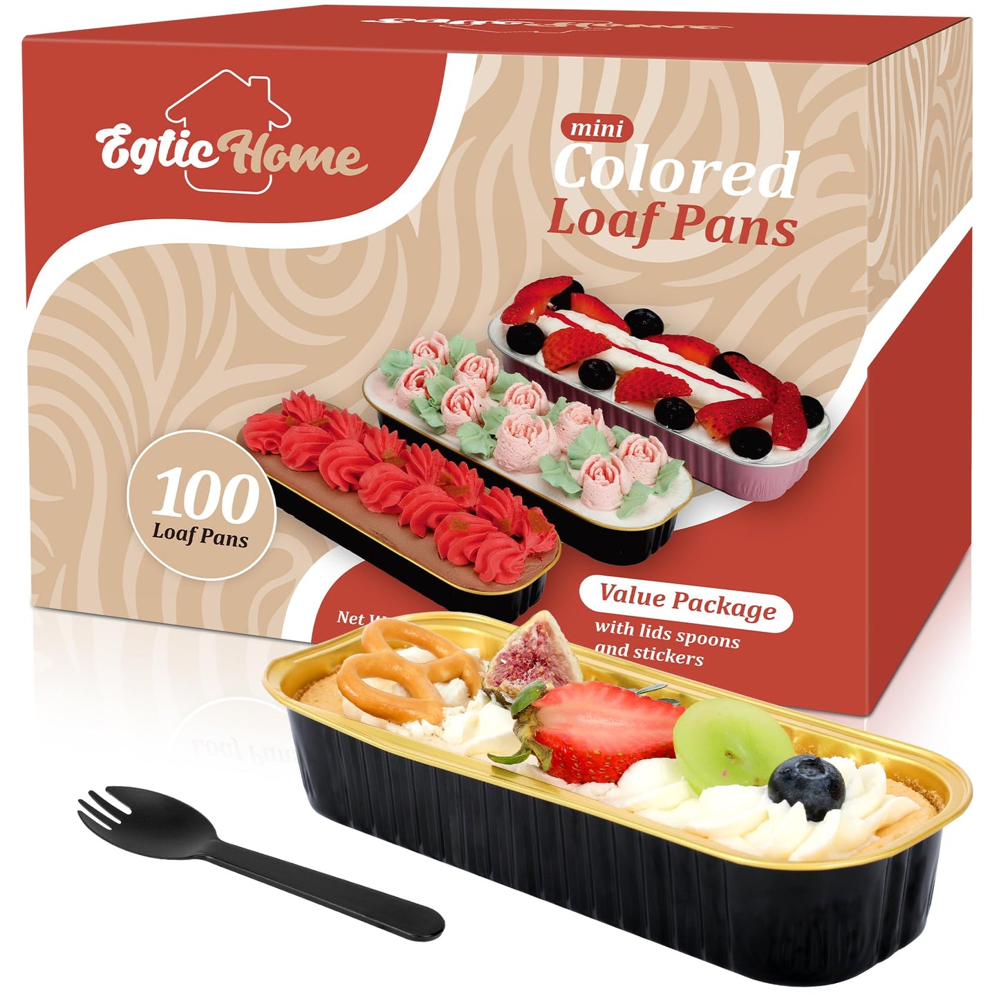 EgticHome Mini Loaf Pans with Lids and Spoons (100 Pack, Black-gold, 6.8oz) Rectangular Aluminum Foil Baking Pans