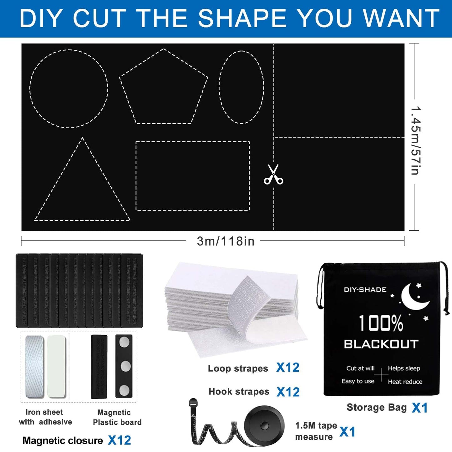 100% Blackout Blind Magnetic Blackout Window Cover 118 x 57Inch,Black Out Curtains with Strong Magnet No Drill Cuttable Window Shades for Bedroom,Nursery,Rv,Media Room