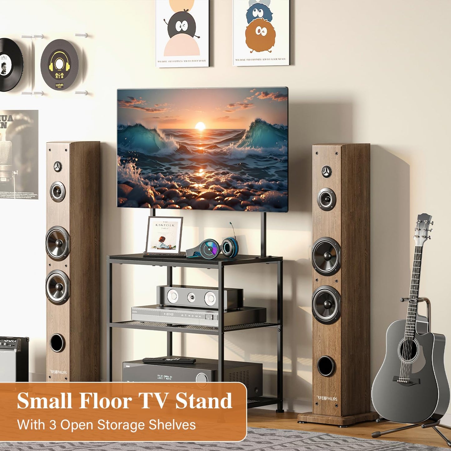 23 Inch to 50 Inch Floor Small Corner TV Stand with Storage Shelves for Living Room Bedroom, Universal Floor Television Stands with Mount, Farmhouse Black TV Table Desk Shelf for Small Spaces
