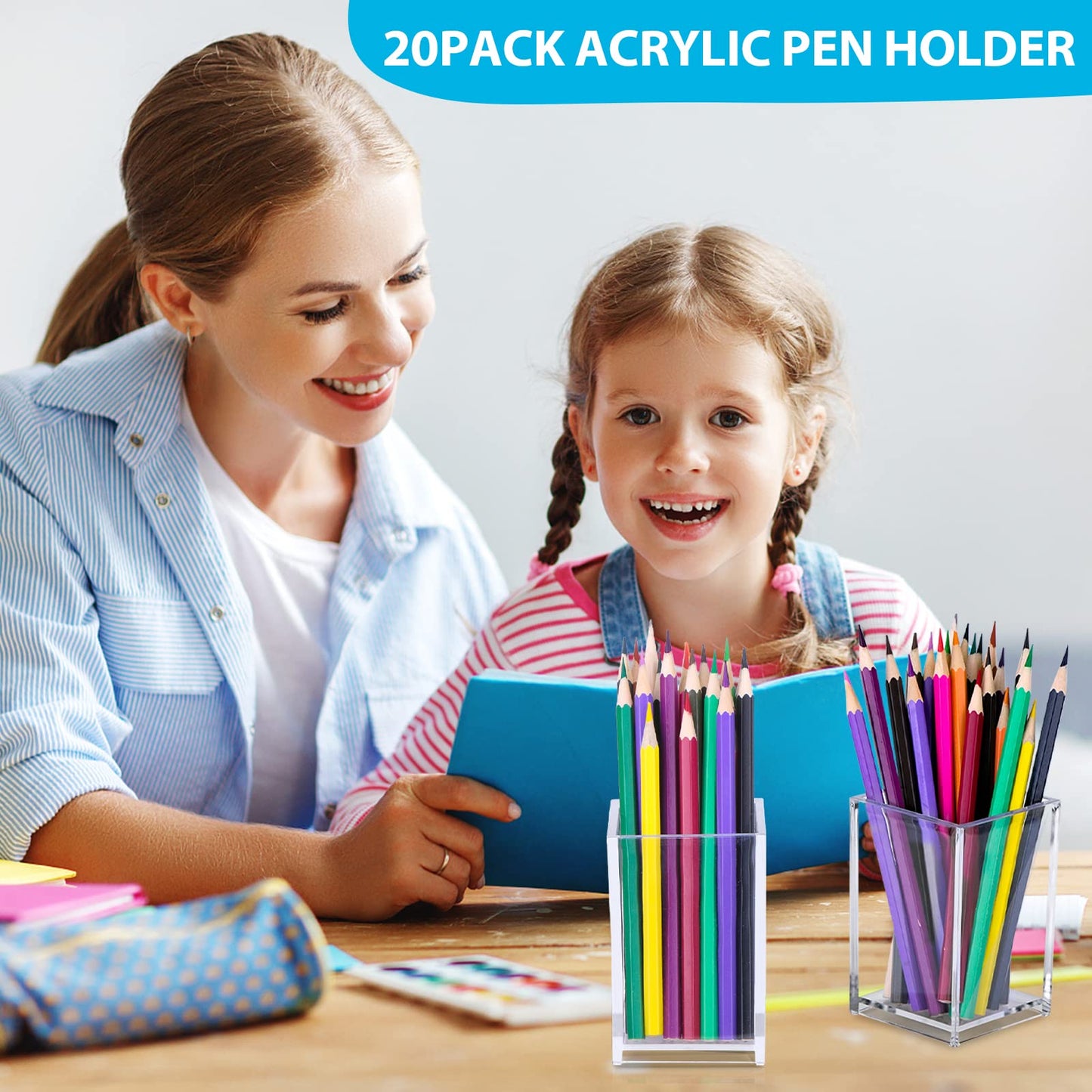 AFOROEOA 20Pack Clear Acrylic Pen Holder Desktop Pencil Organizer Acrylic Pencil Cup Stationery Office Organizer Makeup Brush Holder