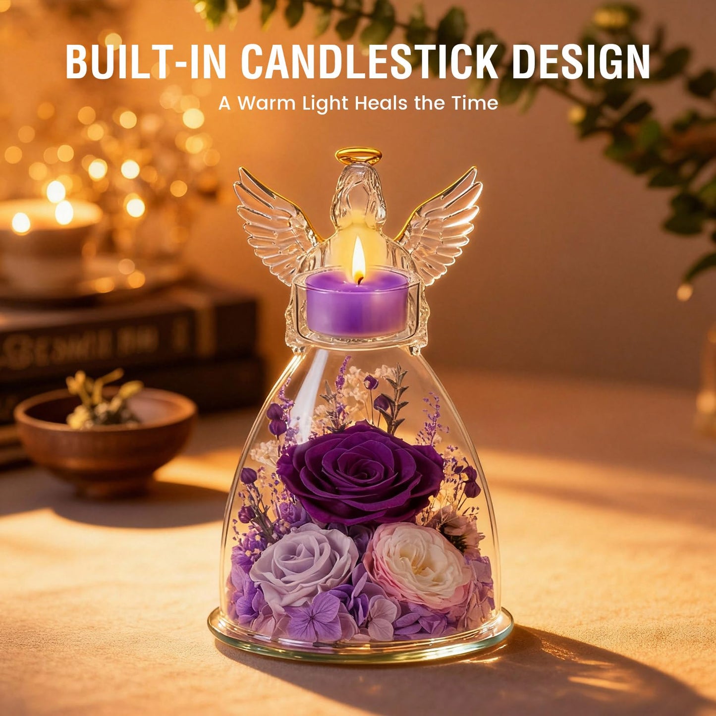 AIMEYE Mothers Day Roses Gifts for Mom, Preserved Roses in Glass Angel Figurines with Tealight Candle Holder,Fresh Flowers for Delivery,Mothers Day Flowers Gifts for Grandma Women Wife from Daughter