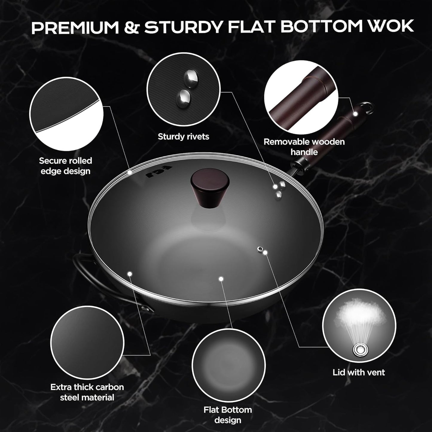 Wok, 13 Inch carbon steel woks & stir-fry pans nonstick, Pre-Seasoned 5.8QT Flat Bottom Chinese Wok Paella Pan with lid, Carbon Steel Cookware, Compatible with All Cooktops