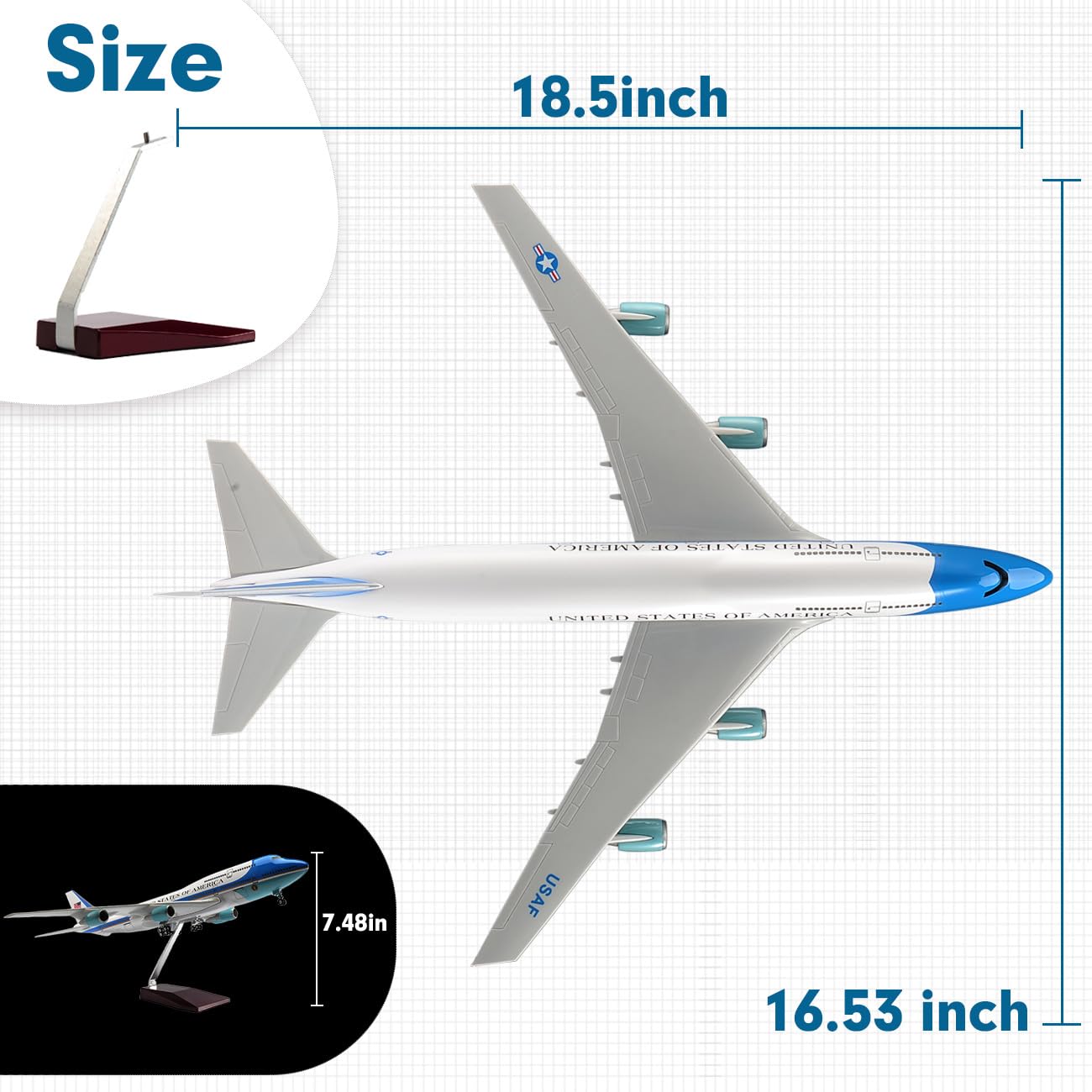 1/150 Scale Diecast Airplane US Airlines Boeing 747 Air Force Planes Model 18.5”Aircraft Model with Landing Gear Voice Control Cabin Light Aircraft Model for Collection