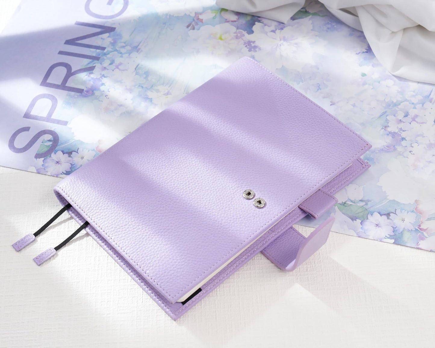 Moterm Leather A5 Notebook Cover - Fits Hobonichi Cousin, Stalogy and Midori MD Planners, with Pen Loop, Card Slots and Back Pocket (Pebbled-Lavender)